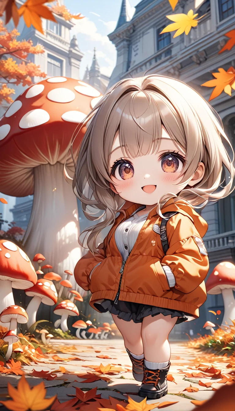 (masterpiece, ultra-detailed, best quality, clear focus, dramatic scene, cinematic), shadow, (ultra-high resolution, 8k), perfect anatomy, perfect face, (detailed face, detailed eye), cute Japanese chibi girl, (chibi:1.2), famous Japanese idol, very beautiful and cute and cool face, (wearing a cute outdoor wear:1.3), (large breasts), slim waist, happy smile, she looks so fun, (She is in front of the huge building that made from mushrooms in the autumn leaves:1.3), a lot of large mushrooms are on the ground, many apples, many persimmons 