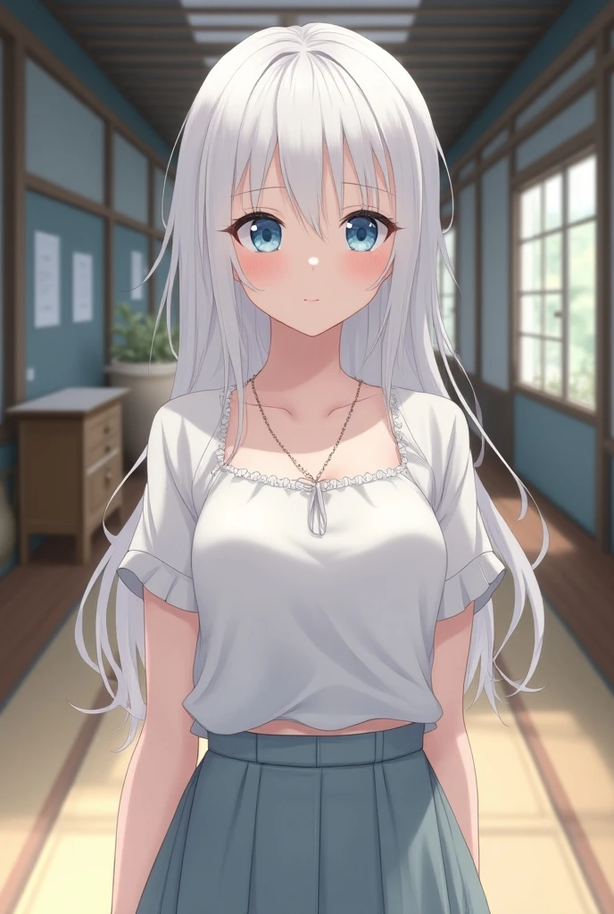 cute girl, anime, silver hair, blue eyes, feel shy, indoor, ((high quality)), small bust, cute, (young:1.2), stand, white tank top, bust, jeans, (nipple:0.95)