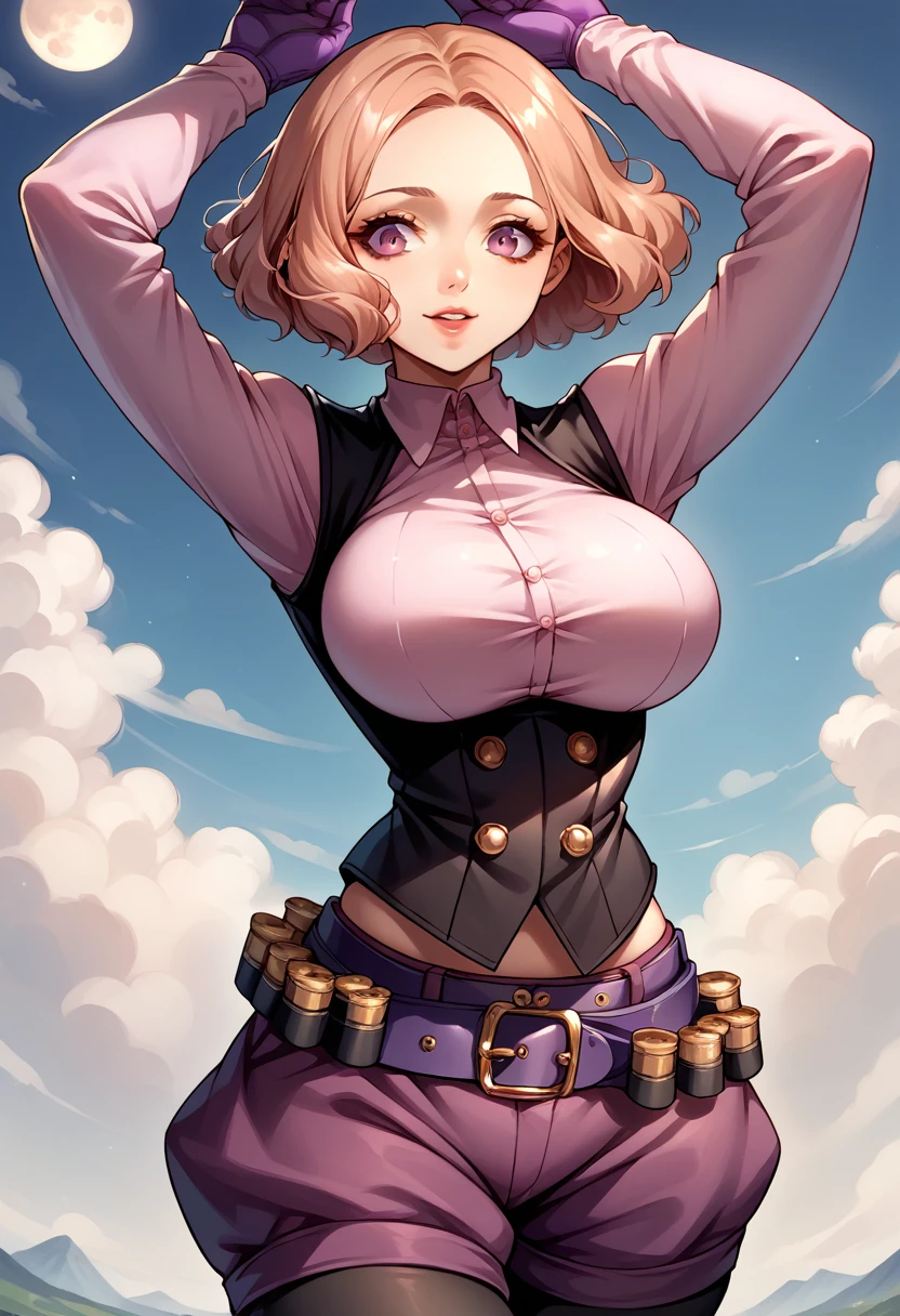  score_9,  score_8_up,  score_7_up, sauce_Anime, break 1 girl ,  Viewers,  open lips, Cross your arms above your head , PT HAL ,  short hair,   Pink Collared Shirts ,  Puffy Long Sleeves, Black vest, Big Breasts,  underbust, Purple gloves, purple shorts , Fluffy Shorts , belt, Ammunition belt,  black pantyhose, indoor,   knight , full moon　Big Breasts　Busty　超Big Breasts　smile　Ballet