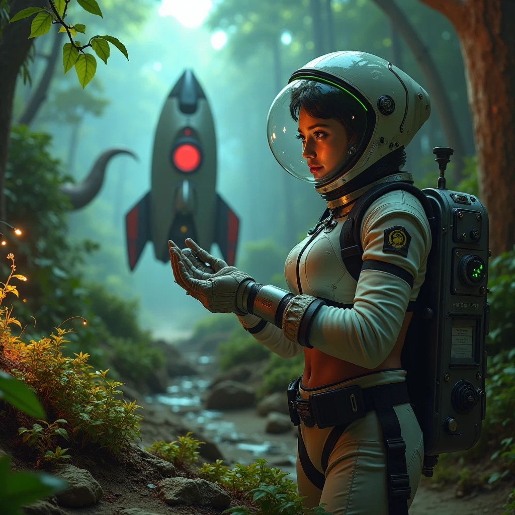 a cute woman (sexy space explorer, lit neon trim, bubble helmet, science tools) is examining plants and animals on an alien forest world, her 50s rocket ship nearby, a tentacle rape beast in shadows
