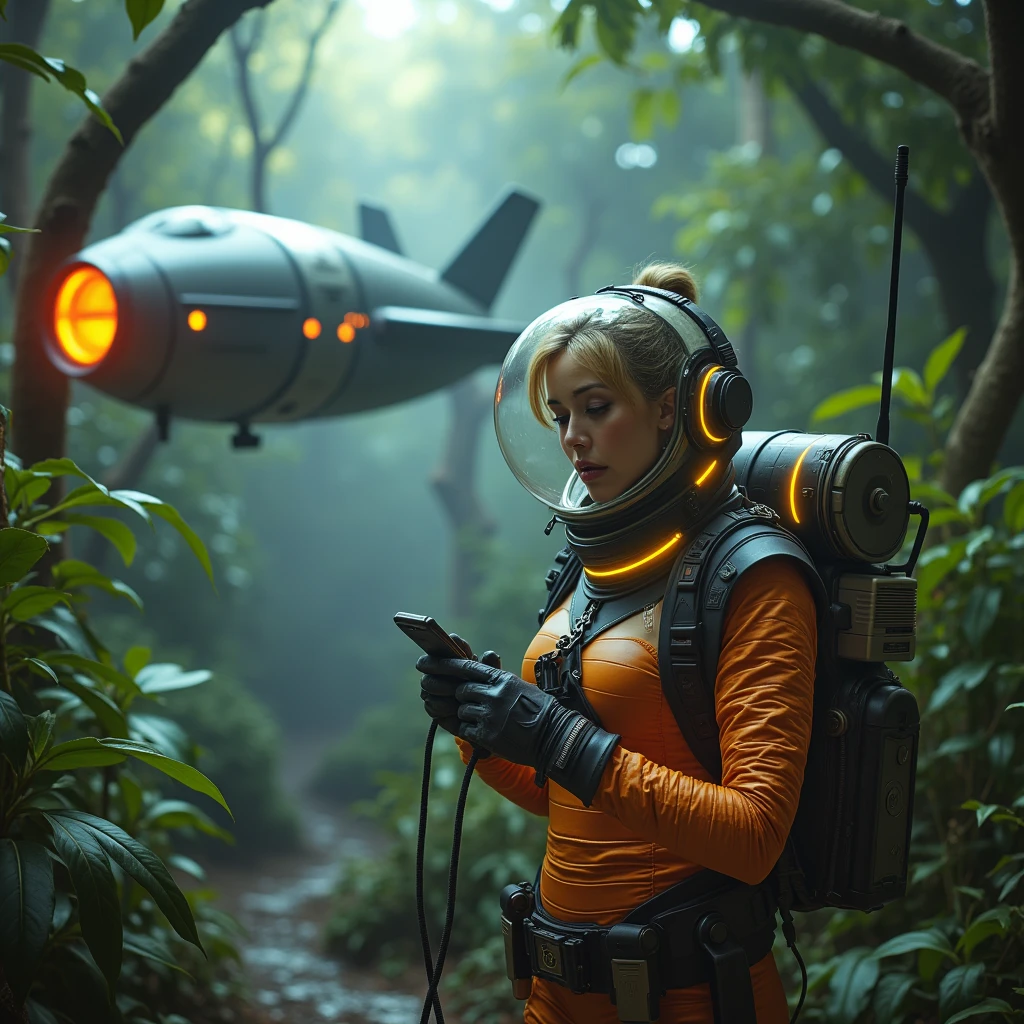 a cute woman (sexy space explorer, lit neon trim, bubble helmet, science tools) is examining plants and animals on an alien forest world, her 50s rocket ship nearby, a tentacle rape beast in shadows
