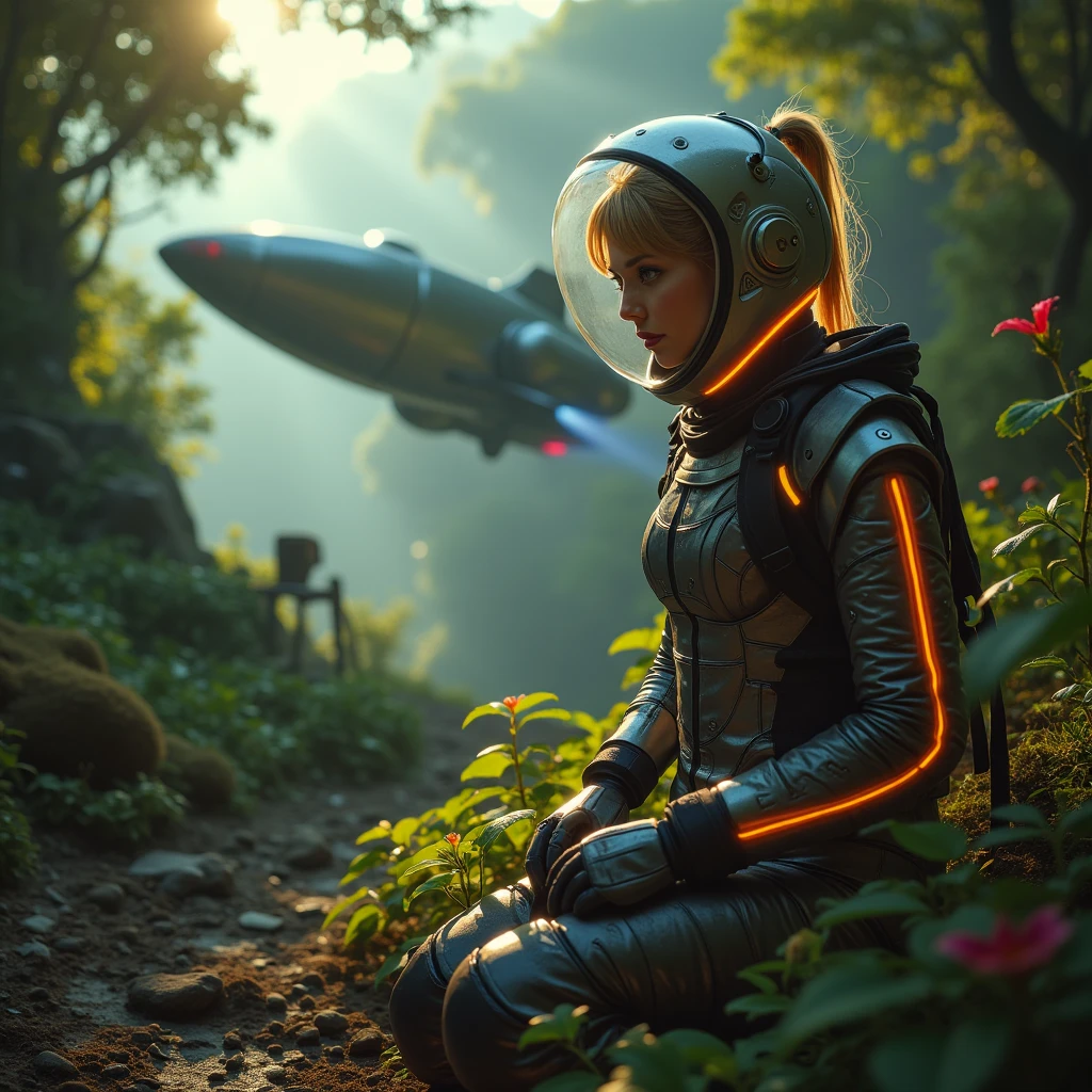 a cute woman (sexy space explorer, lit neon trim, bubble helmet, science tools) is examining plants and animals on an alien forest world, her 50s rocket ship nearby, a tentacle rape beast in shadows
