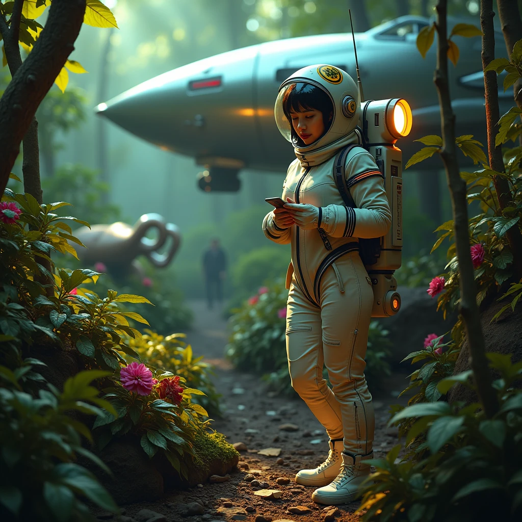 a cute woman (sexy space explorer, lit neon trim, bubble helmet, science tools) is examining plants and animals on an alien forest world, her 50s rocket ship nearby, a tentacle rape beast in shadows
