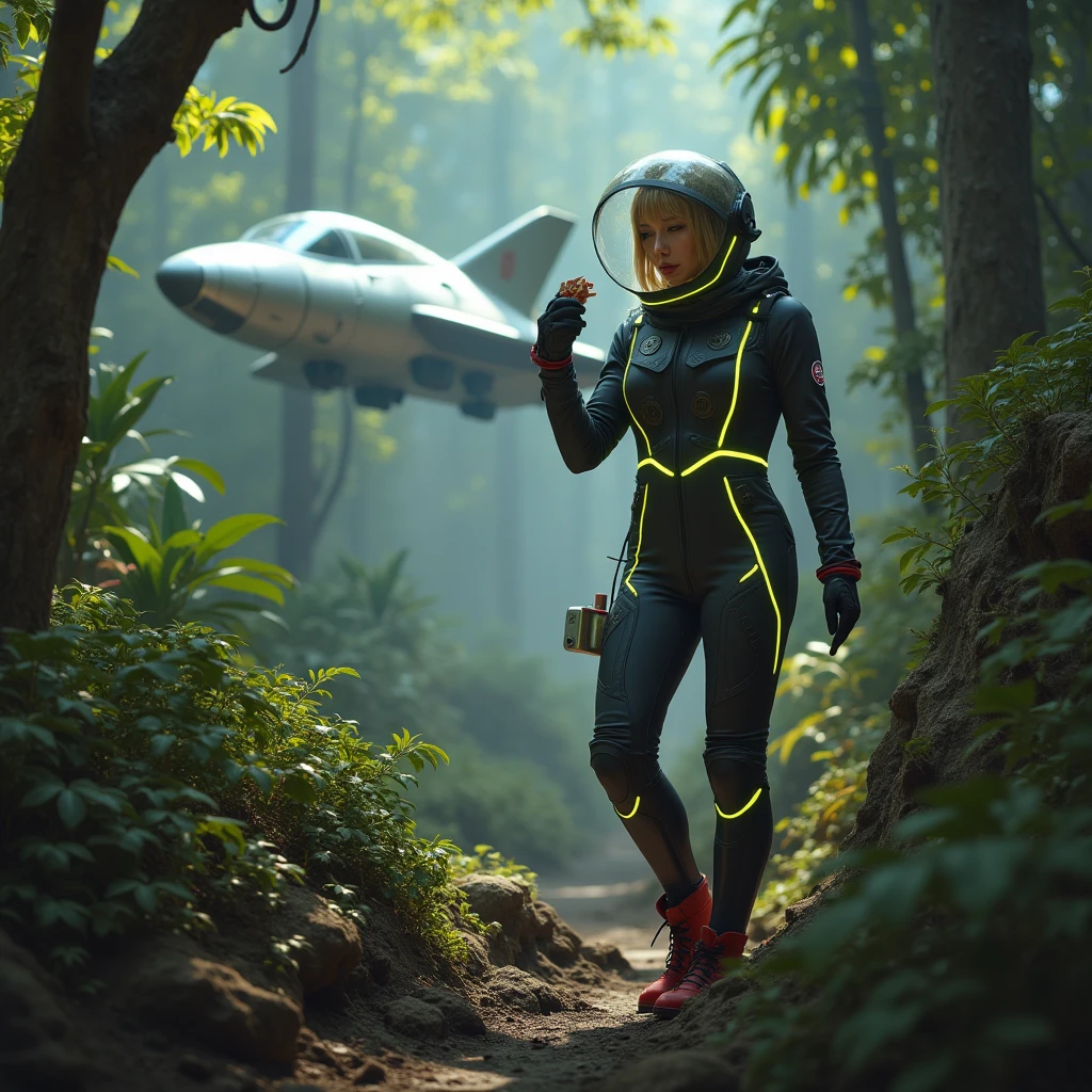 a cute woman (sexy space explorer, lit neon trim, bubble helmet, science tools) is examining plants and animals on an alien forest world, her 50s rocket ship nearby, a tentacle rape beast in shadows
