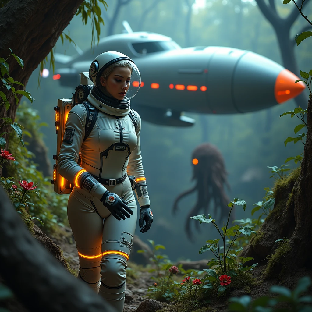 a cute woman (sexy space explorer, lit neon trim, bubble helmet, science tools) is examining plants and animals on an alien forest world, her 50s rocket ship nearby, a tentacle rape beast in shadows
