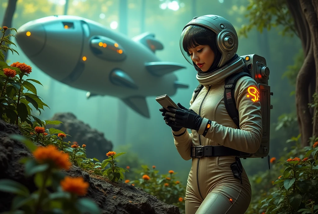 a cute woman (sexy space explorer, lit neon trim, bubble helmet, science tools) is examining plants and animals on an alien forest world, her 50s rocket ship nearby, a tentacle rape beast in shadows
