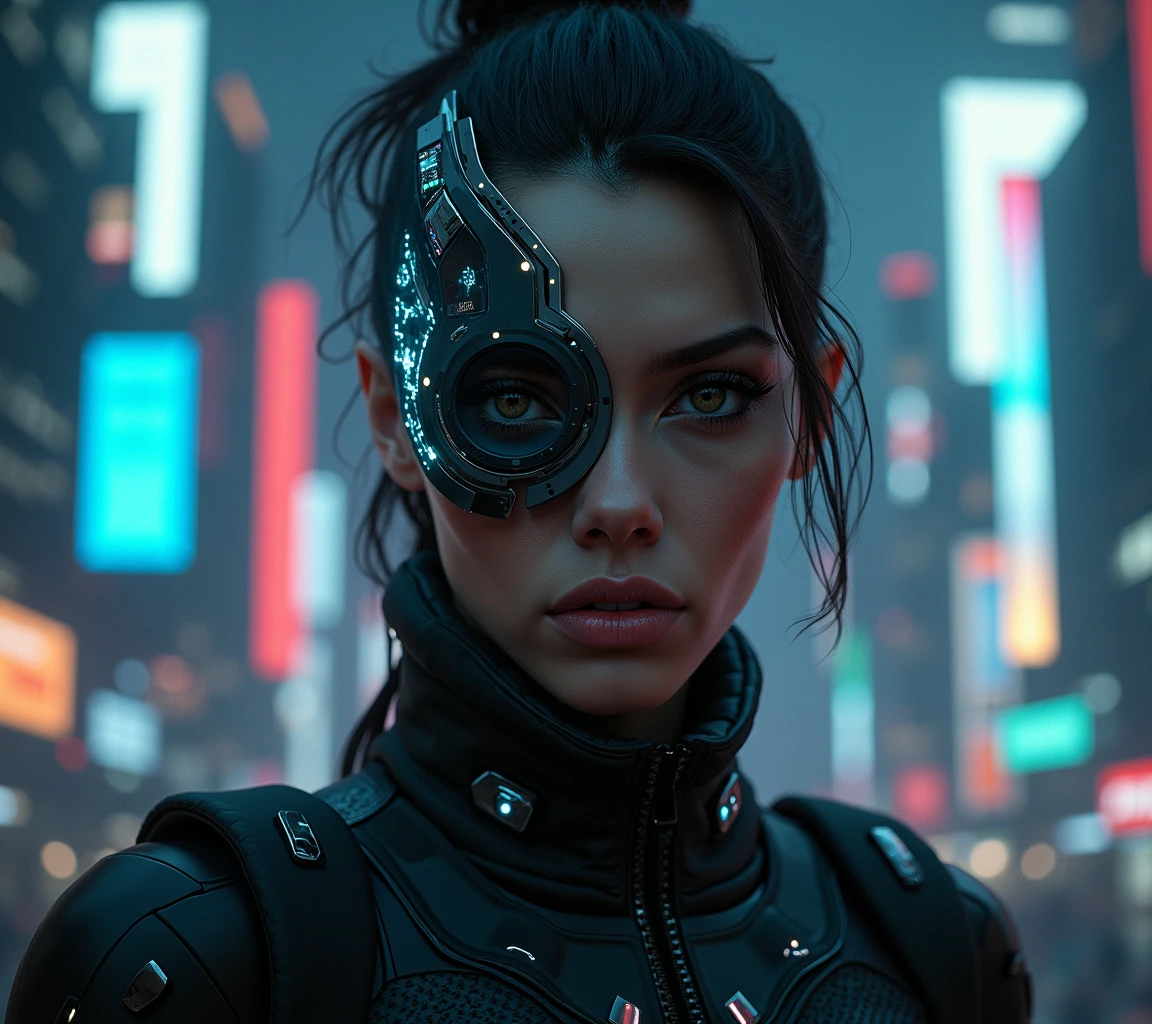 Robot Human Hybrid, human looking robot, ((cyberpunk)), ((dystopian)), body modification, (cybernetic implants), ((biohacking)), cybernetic eye, visible wires, visible tubes, <lora:detail_slider_v4:5>