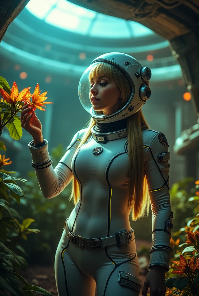 a cute woman (sexy space explorer, lit neon trim, bubble helmet, science tools) is examining plants and animals on an alien forest world, her 50s rocket ship nearby, a tentacle rape beast in shadows
