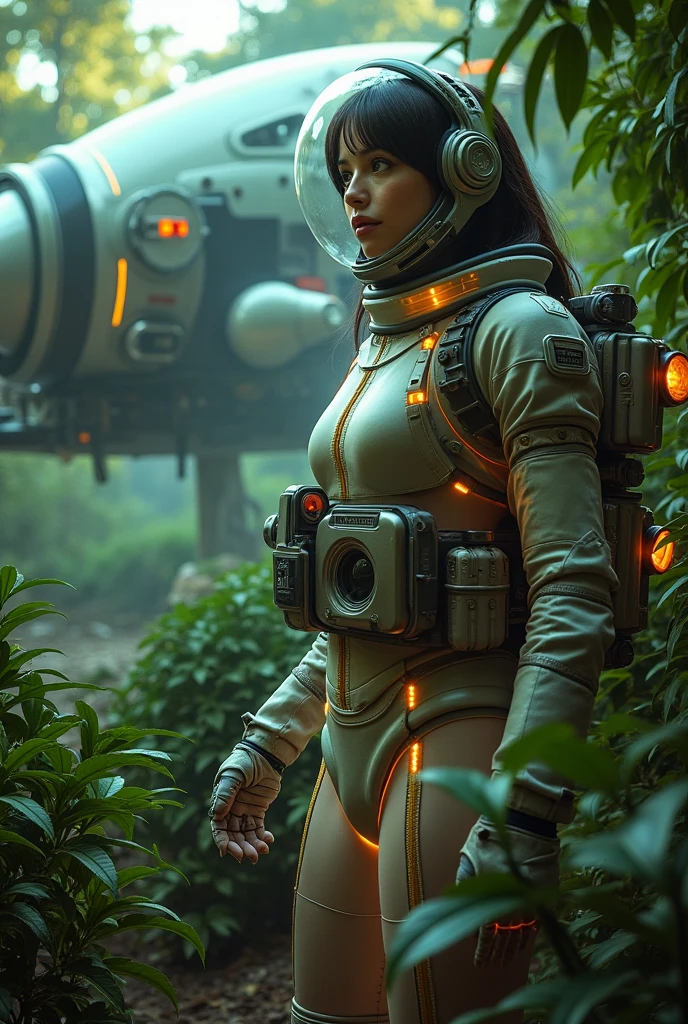 a cute woman (sexy space explorer, lit neon trim, bubble helmet, science tools) is examining plants and animals on an alien forest world, her 50s rocket ship nearby, a tentacle rape beast in shadows
