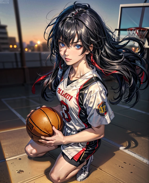 (8k, best quality, masterpiece:1.2), (realistic, photo-realistic:1.37), ultra-detailed,best quality, ultra high res, professional lighting, photon mapping, radiosity, physically-based rendering, cinematic lighting, basketball court,depth of field, sharp focus,sunbeam, good composition,(bokeh:1.2) 1girl,solo,(full body), (closed mouth),beautiful detailed eyes, pose, narrow waist,basketball uniform, black hair,messy hair,long hair floating in wind,(ulzzang-6500:1.2),  mix4, hiqcgbody