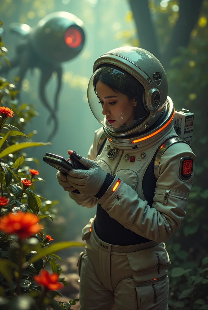 a cute woman (sexy space explorer, lit neon trim, bubble helmet, science tools) is examining plants and animals on an alien forest world, her 50s rocket ship nearby, a tentacle rape beast in shadows
