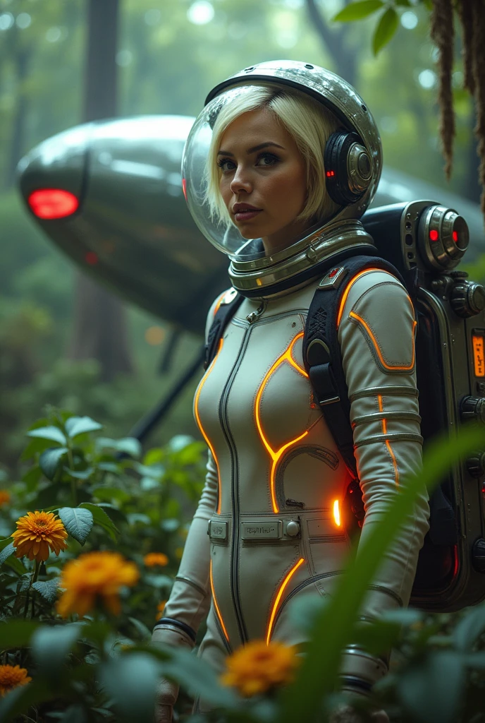 a cute woman (sexy space explorer, lit neon trim, bubble helmet, science tools) is examining plants and animals on an alien forest world, her 50s rocket ship nearby, a tentacle rape beast in shadows
