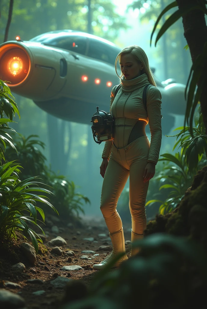 a cute woman (sexy space explorer, lit neon trim, bubble helmet, science tools) is examining plants and animals on an alien forest world, her 50s rocket ship nearby, a tentacle rape beast in shadows
