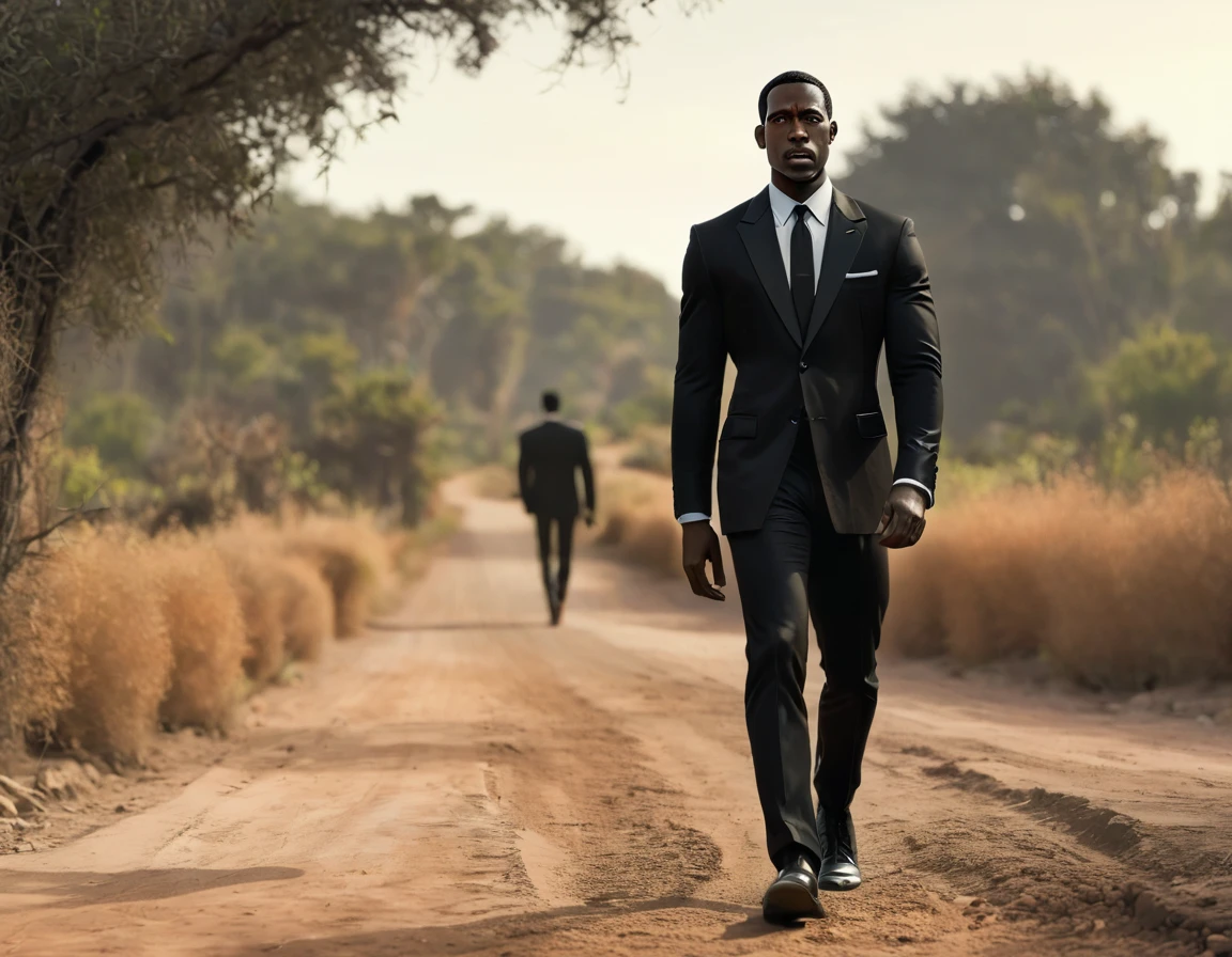 Shawt,a black man,in a black suit,walking down a dirt road,pixar art style⁹