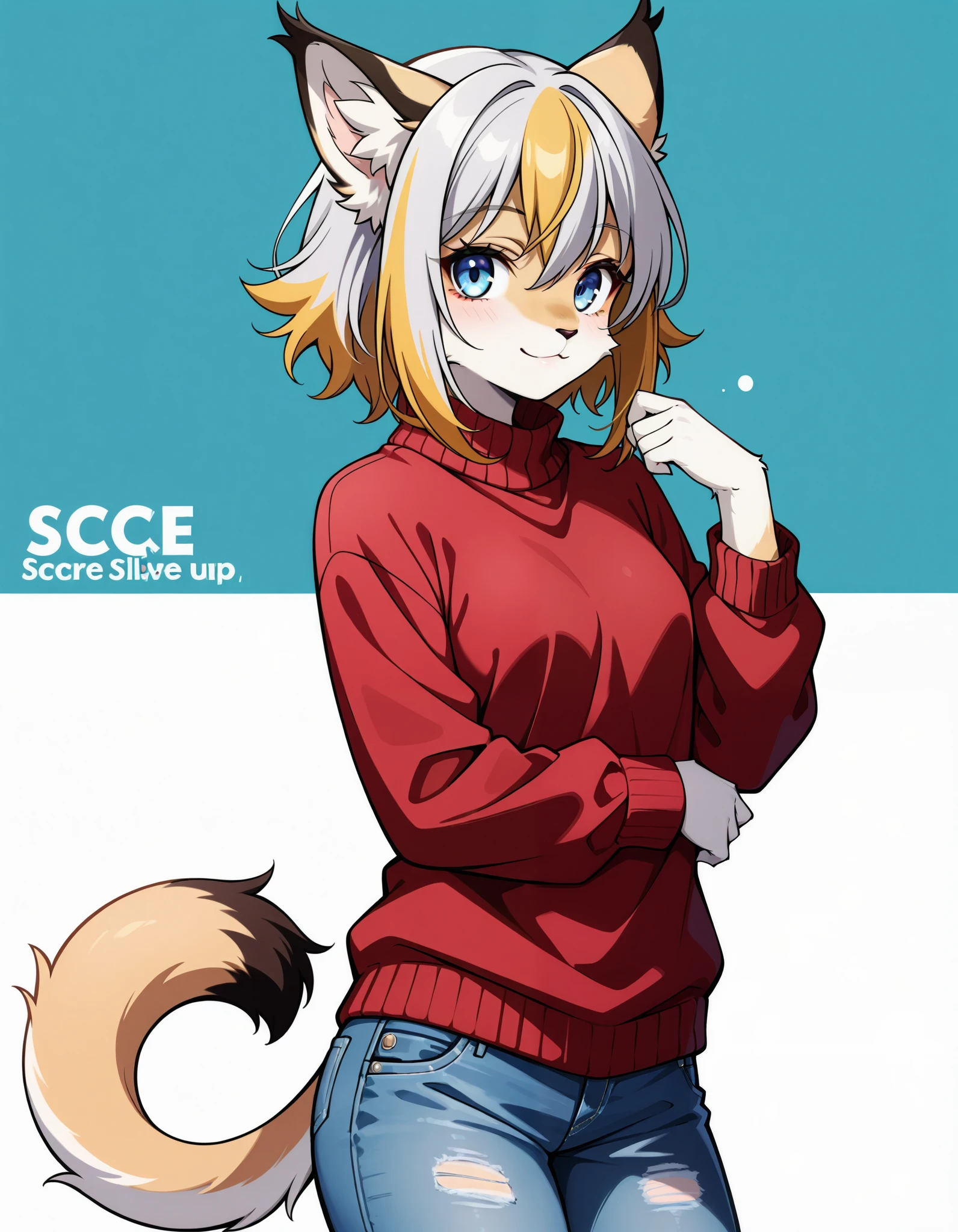 score_9,score_8_up,score_7_up,source_anime, 1girl, solo, digital_media_(artwork) hi_res,, beautiful, anthro, furry, female, furry female, detailed textured fur, fur tufts, lynx, slim, slender, small breasts, cute, sweater, denim jeans, multicolor hair, streaked hair, red blue blonde silver hair, blonde fur, beautiful blue eyes, smile, solo, 