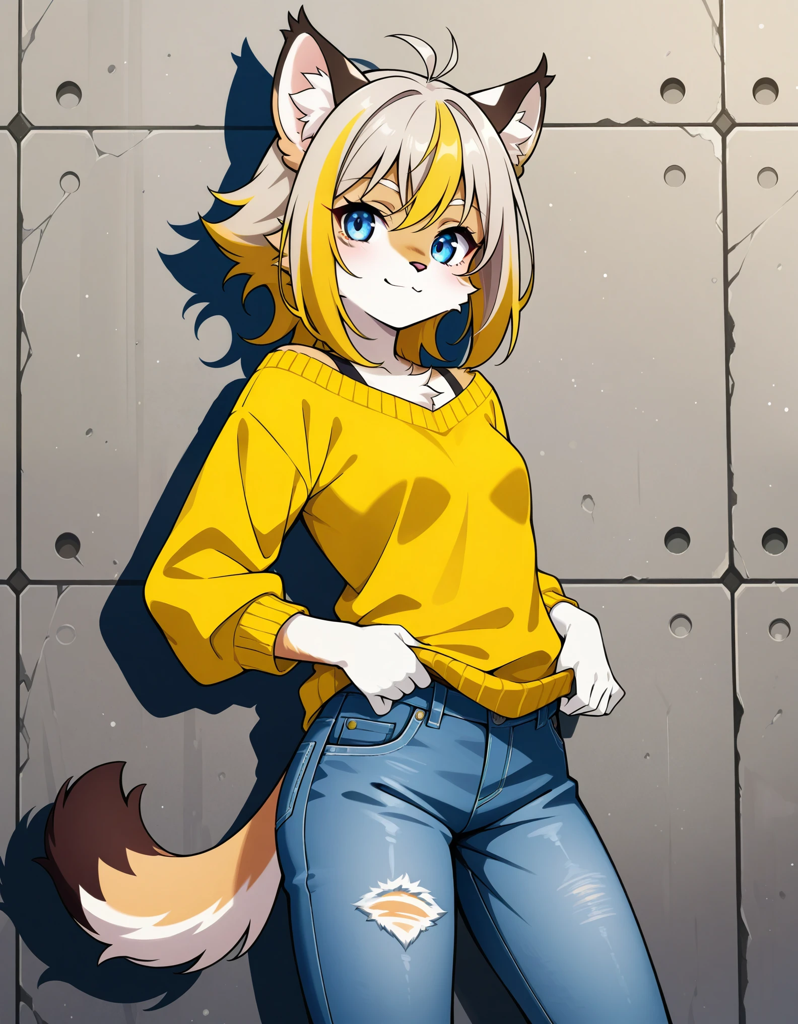 score_9,score_8_up,score_7_up,source_anime, 1girl, solo, digital_media_(artwork) hi_res,, beautiful, anthro, furry, female, furry female, detailed textured fur, fur tufts, lynx, slim, slender, small breasts, cute, sweater, denim jeans, multicolor hair, streaked hair, red blue blonde silver hair, blonde fur, beautiful blue eyes, smile, solo, 