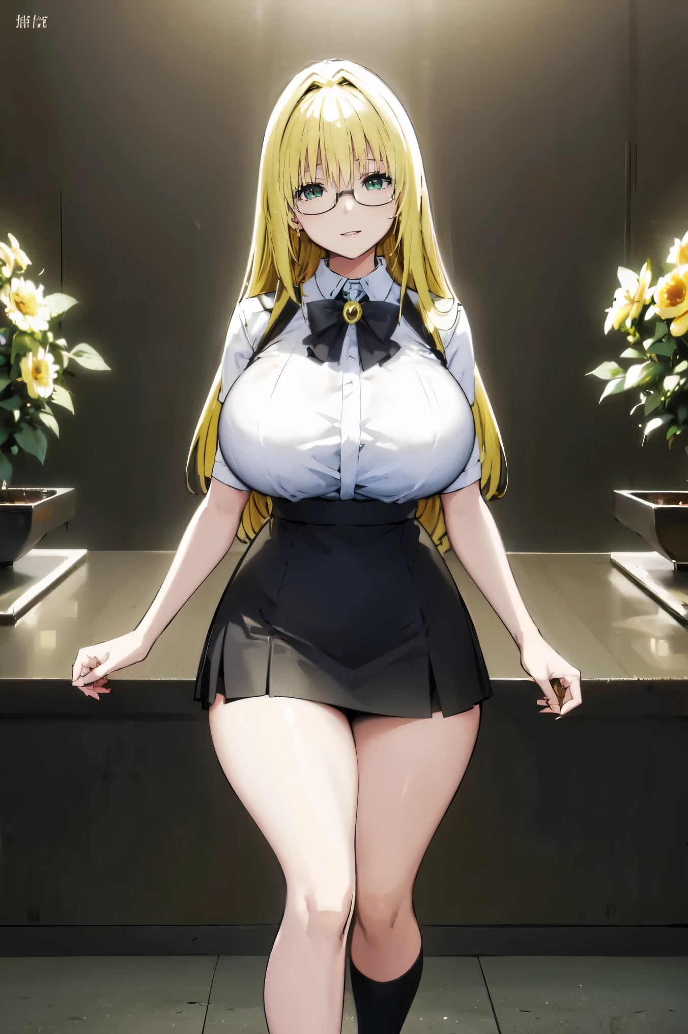 Blonde hair, very huge tits,   ((black bussines suite, short tight skirt, glasses, skirt, white nectie)), thick, busty, green eyes,  upperbody, smile, legs, thigh, flower garden