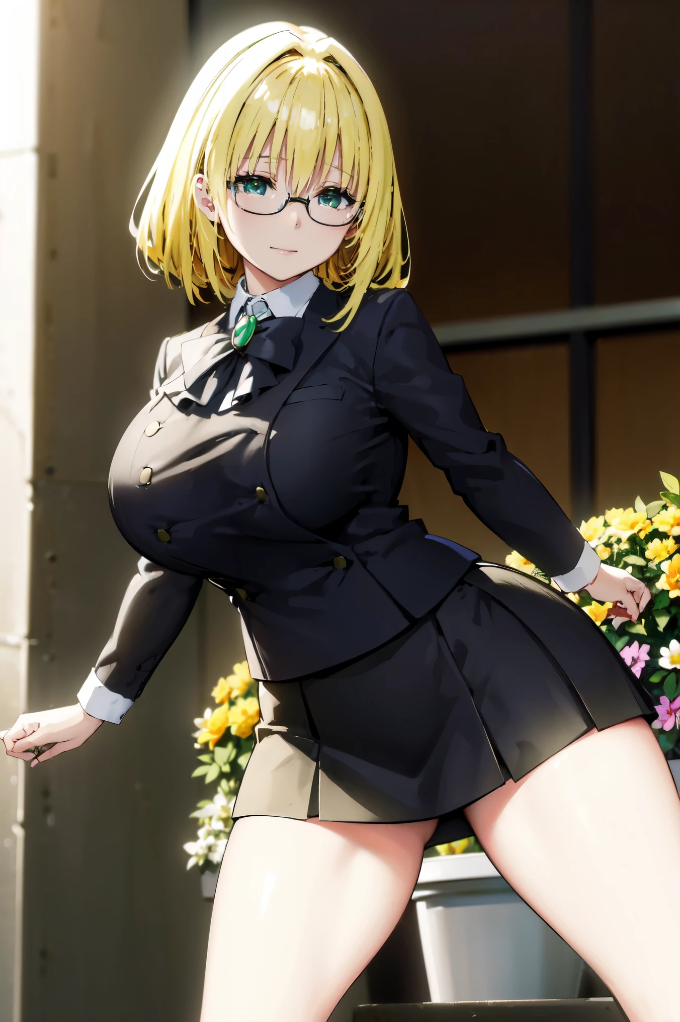 Blonde hair, very huge tits,   ((black bussines suite, short tight skirt, glasses, skirt, white nectie)), thick, busty, green eyes,  upperbody, smile, legs, thigh, flower garden