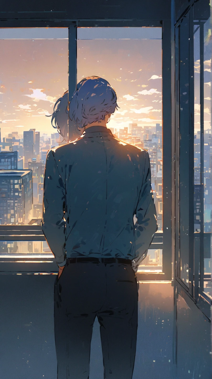 The employee stands by the office window, looking out at the city with a calm but resolute expression, contemplating steps toward a healthier work-life balance. The view outside is brighter, representing hope for change.