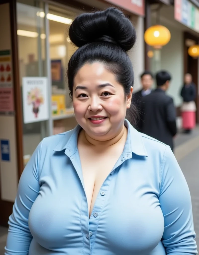 8k,Best Quality, masterpiece,  super high definition,(masterpiece:1.6, Best Quality),  intricate detail , 1 female, Middle-aged woman in her 50s, Japanese, full body,On the head,(( huge bun hair , Big Hair Bun :1.５)), (( Jet Black Hair )) ,((amount:1.5)), Extreme obesity, Fat face, Round face, Saggy face, Wrinkles on crow's feet ,(( Ridiculously Huge Breasts :1.5)), (( Abnormally Saggy Breasts :1.5)), ((Sky Blue Fleece,  blue shirt  :1.2)) (( Mature Housewife with Huge Hairstyle Shopping at a Japanese Shopping Street:1.5))