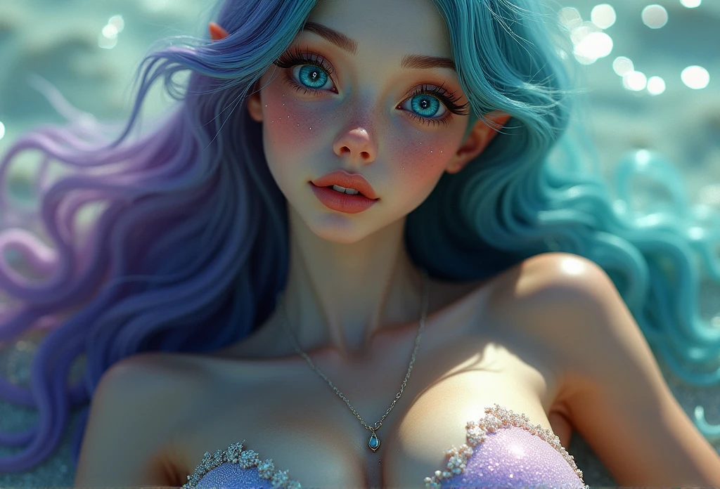 photo of celebrity, RAW, beautiful woman, ((portrait)), ((detailed face:1.2)), ((detailed facial feature, detailed skin, clear skin), (perfect proportioned body), (little mermaidsea shell bikini:1.5)), (high detailed tropical waterfall), swimming in a pool, (realistic photo, best quality, detailed), (8k wallpaper), (cinematic lighting, dramatic lighting) (sharp focus, intricate)