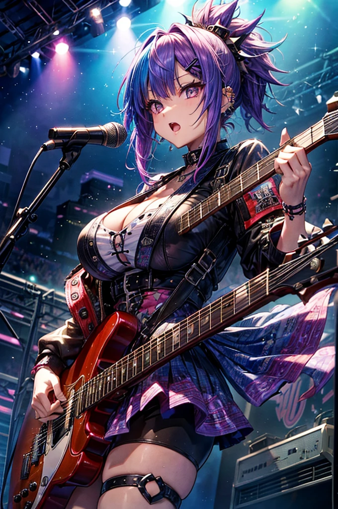 Highest quality,masterpiece,Hard rock band vocalist,Dark silver hair,Live Stage,Extreme costumes,Almost naked,Small live music venue