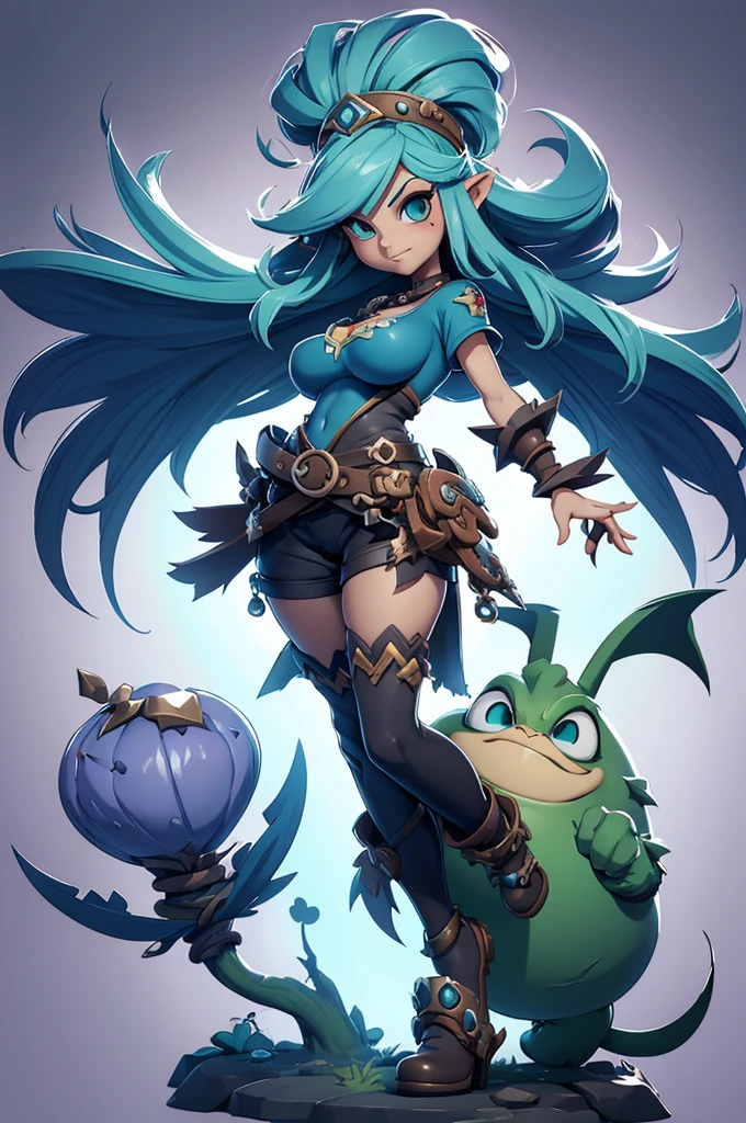 Rayman Legends style tree, character estilo art rayman legends, girl, fully body, STYLE mercenary with futuristic doom style weapons, Giant Accessories,Giant Monster, big breats,Little bunny,big breast, sensuality, elfo, mascot next door,doom style weapons,((doom armor))