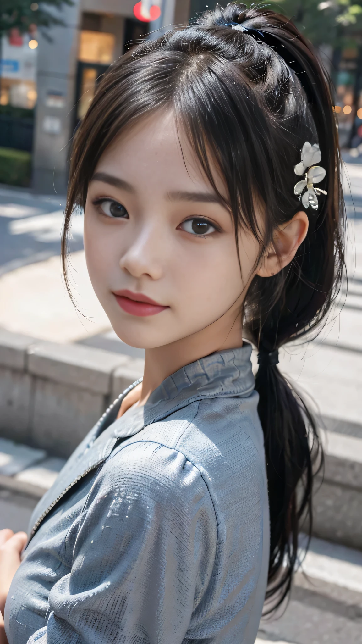 arafed woman with braids in a denim shirt and jeans jacket, by Zhang Han, two pigtails hairstyle, a cute young woman, pigtails hairstyle, young cute wan asian face, by Xia Yong, chinese girl, a beautiful young woman, soft portrait shot 8 k, by Ye Xin, beautiful young girl, young adorable korean face, girl cute-fine-face, , solo,arafed woman with long black hair wearing a denim shirt, korean women's fashion model, photo of slim girl model, cropped shirt with jacket, modern casual clothing, wearing a cropped tops, casual modern clothing, trendy clothes, dilraba dilmurat, wearing a sexy cropped top, wearing tight simple clothes, 17 year old female model, open v chest clothes(((1girl)))