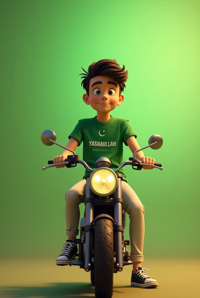 35mm film photography, Create a 3D illustration of an animated boy character sitting on a motorcycle matching the color and design of Pakistan Independence Day and wearing a green shirt with name HUZAIFA The character must wear casual modern clothing such as jeans and sneakers shoes. The background of the image is a independence day of Pakistan, high detail, Pakistan flags in background, gold glow bright green color palette, light green hour glow