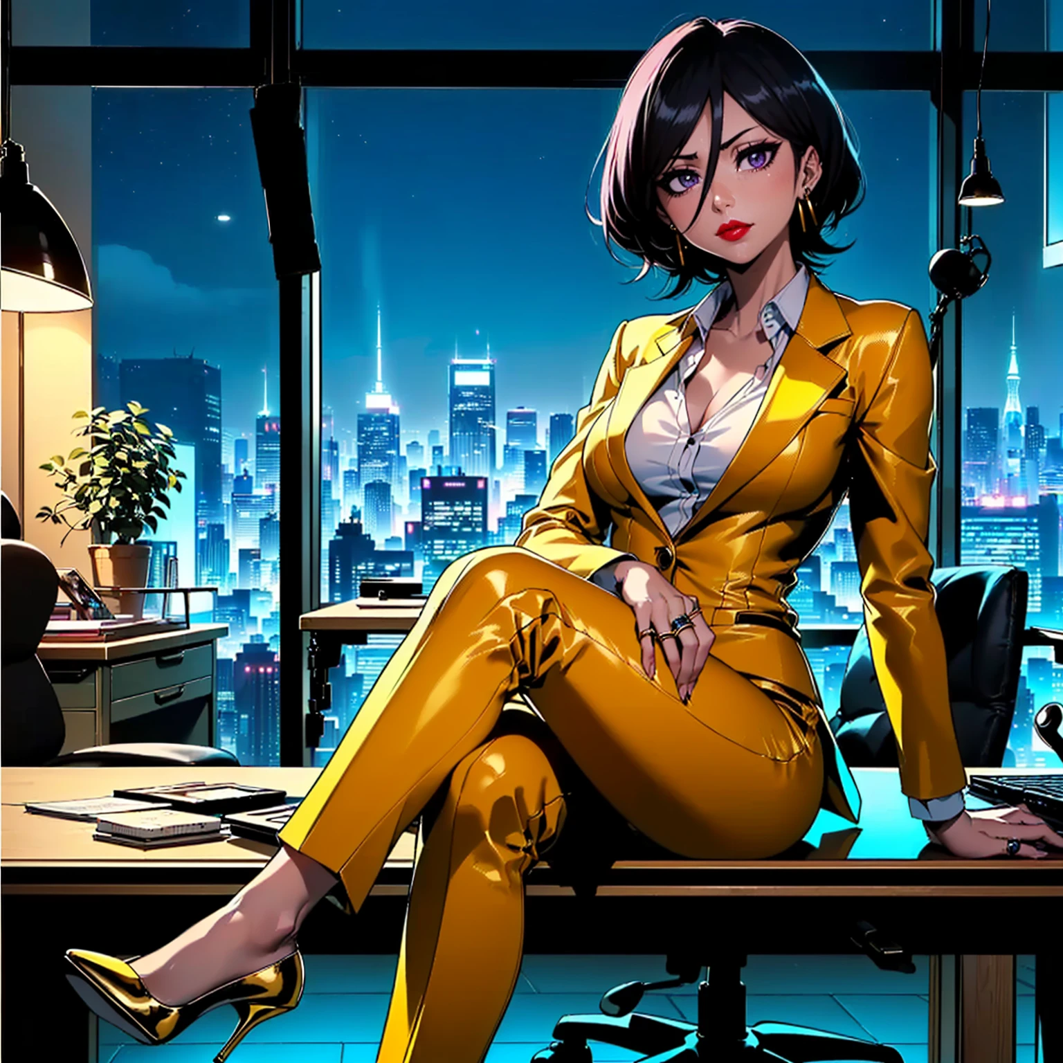 ((shiny eyes, 1girl, milf, standing, sexy pose, ((rukia, short hair, black hair, dark purple eyes, small bust, small breasts)), perfect face,  sharp focus, professional artwork, intricate details)), ((fitness,, shapely body, athletic body, toned body)), ((executive woman, business woman, white dress shirt, dark yellow suit, yellow dress pants, high heels, sitting at desk, office, desk, gold ring, heat, earrings, office at night, window, city, lamp, office chair, legs crossed, sitting cross-legged, smug, night, jade, red lipstick))