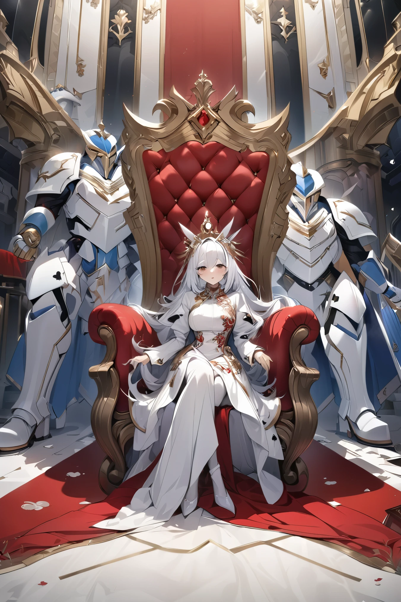 quality\(8k,Highly detailed CG unit wallpaper, masterpiece,High resolution,top-quality,top-quality real texture skin,Surreal,Increase the resolution,RAW Photos,highest quality,Very detailed,wallpaper\),break,Alice in Wonderland, One Girl, Alice sitting on a gorgeous throne, Throne of Power, Spade family crest, break、Royal Guards in pure white armor, Mirage Knight, Disciplined Imperial Guard,Pure White Royal Palace, Red carpet, Gold embroidery, pure white,