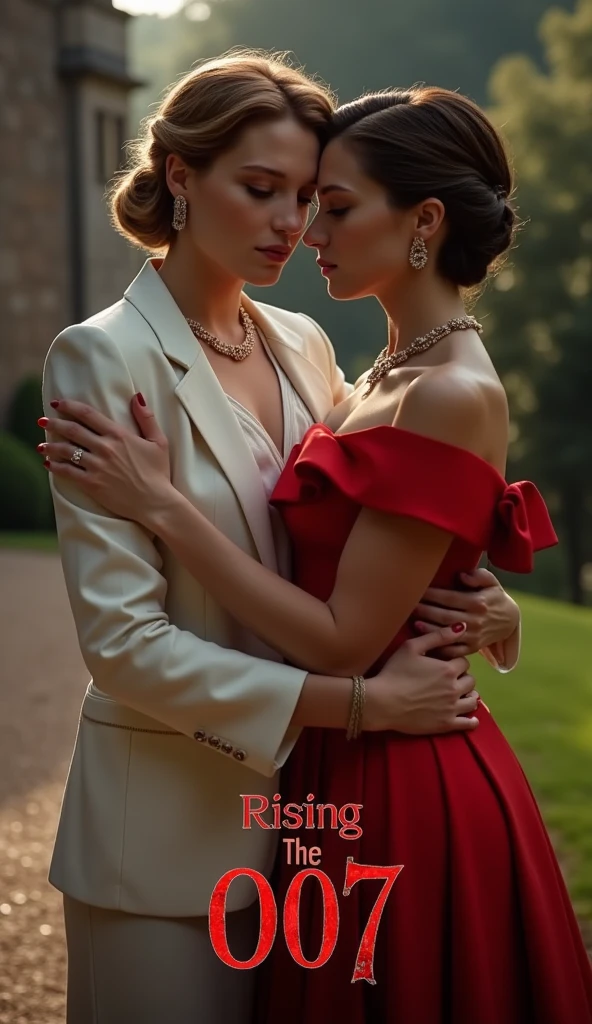 


Next 007 movie, Gothic letter "Rising the 007" written in large Red decoration letters at the bottom of the screen, Front view, 2 female hug , 1 mother and  daughter , bond girl is  Lea Seydoux,  French woman,  shot cut, golden hair, natural make, gold neckless and earring, standing pose,  white blouse , chic White Jacket and middle skirt,  black Hermes Hi-heal , 1 daughter is black hair, shot hair, different face, elegant Red dress, in Scotland home,  (super detail, high details, high quality, accurate, anatomically correct, textured skin, beautiful fingers super detail, high details, high quality, best quality)