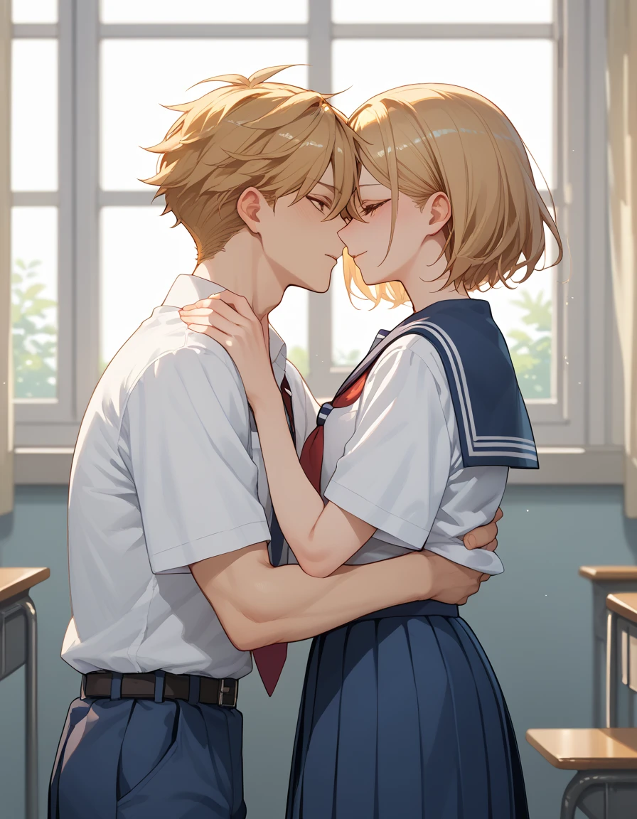 Japanese,  a couple talking in a school corridor, woman short hair, blonde hair,  with school uniform, man haired haired , orange color,  with school uniform.