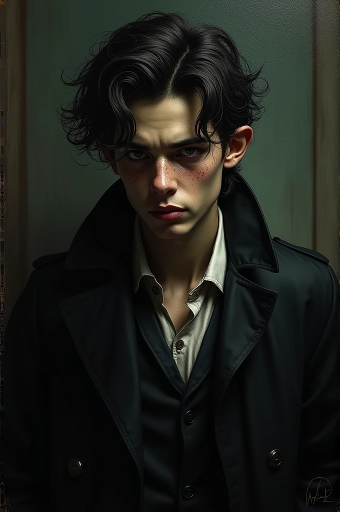 A former russian student, 2, male, living in poverty in 1866 , Tall and lean, around 5'10"-6'0", pale, thin, and gaunt face, high cheekbones, prominent forehead, sunken dark intense eyes, dark brown unkempt hair, he's kinda malnourished 