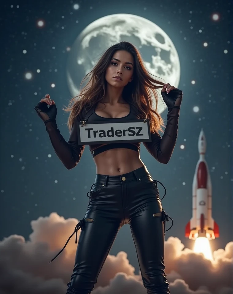 Ultra-detailed, high-resolution image of a beautiful grid girl with feminine curves, standing confidently against a dramatic cosmic background. She holds a sign with the word 'TraderSZ' boldly displayed, her pose exuding poise and charm. Dressed in stylish hot pants and a fitted top that accentuates her curves, she combines elegance with a sense of adventure. Behind her, a sleek rocket points toward a star-filled sky, with the moon looming large and bright. The scene is infused with a crypto atmosphere, with subtle digital patterns and symbols glimmering around her, capturing the excitement of exploration and innovation in the crypto world