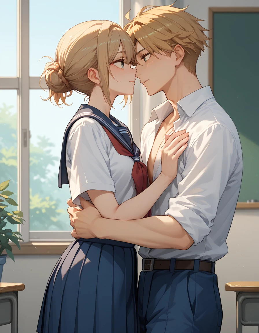 Japanese,  a couple talking in a school corridor, woman short hair, blonde hair,  with school uniform, man haired haired , orange color,  with school uniform, Greeting each other 