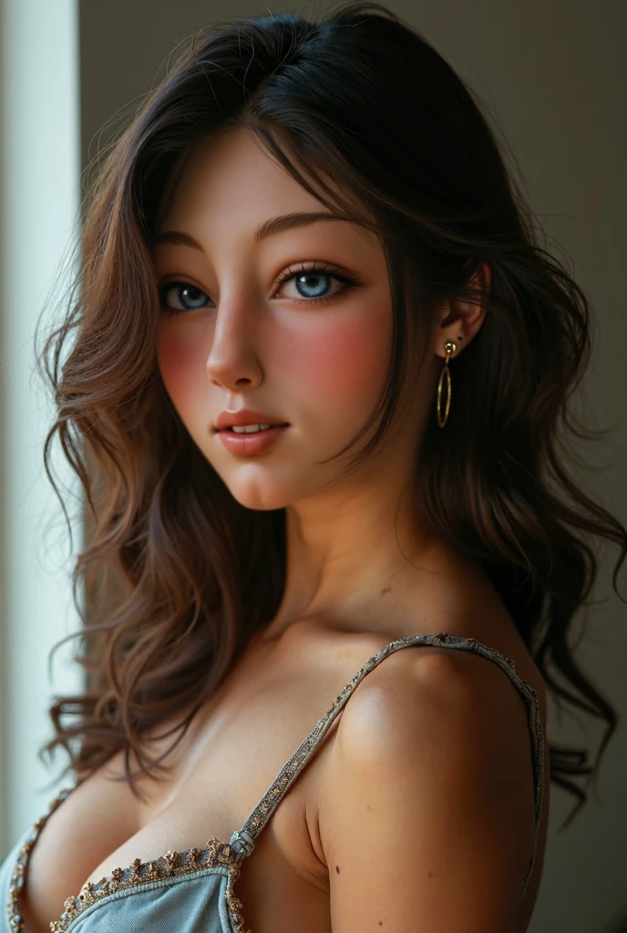 Sweet adorable and alluring young lady wearing a cute oversized sweater while in bed looking straight at the camera with innocent pleading eyes. Slight stunning alluring and innocent mona Lisa smile. Sweet sexy alluring and flirty hedonistic ero pose downblouse view of breasts. Nipslip