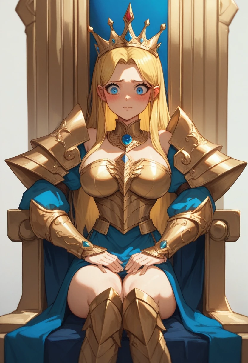 masterpiece, best quality,1girl,solo, robot girl, humanoid robot,robot joints, orange eyes,long hair, (colored skin),huge breasts,tiara, jewelry, armored dress,gold trim, sleeveles,cape,castle in background, outdoors,garden,sitting, on chair,(tea cup on table),armrest,pov , (across table), light smile