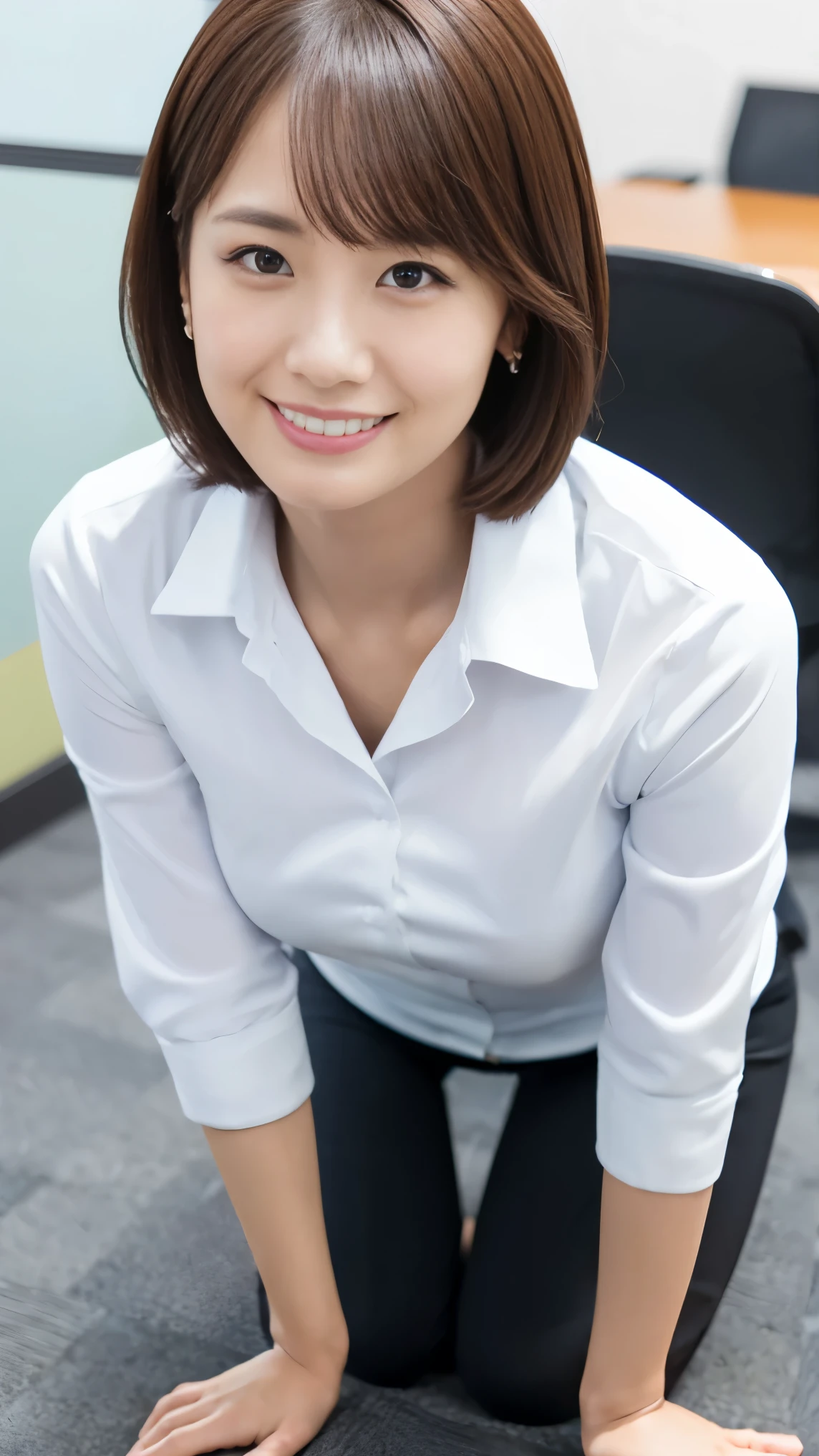 desktop, Best Quality, Realism, Meticulous details, High Resolution, Beautiful Japanese woman , beautiful detailed eyes , beautiful detailed lips, extremely detailed face , small head, small areola, Movie Light , Realistic photos, 【8k, High Quality , extremely detailed , look at me,Smile,(formal shirt),(pencil skirt),(short hair:1.2),(random location),(Medium breasts:1.2),(Inami artwork ),slender,beautiful legs,(Cutting:1.3),( sexy posing ),mini skirt, ( Bokeh :1.3) ( Black Pants Socks :1.2),( office lady :1.4),(on all fours:1.3)