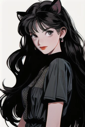 Beautiful woman, long wavy black hair, brown eyes, cat ears and tail, fangs, demon horns, incubus clothe