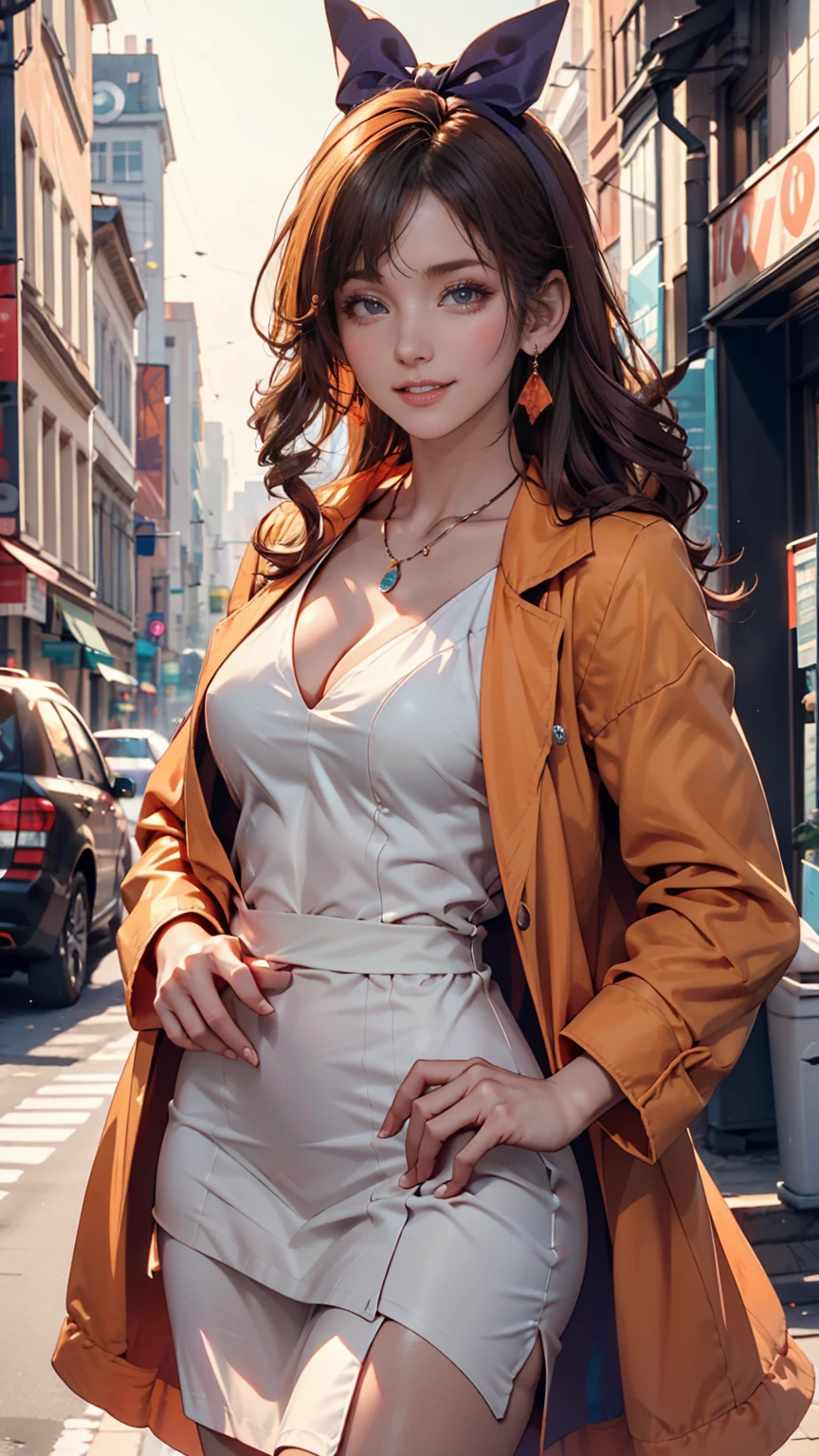 One person, alone, Go to the river, Orange Hair, Drill Hair, Wear glasses on your head, Orange eyes, jewelry, bow, White Dress, Purple Jacket, meanwhile, Earrings, Have, Are standing, Hands on hips, View your viewers, Close one eye, Grin, Outdoor, city