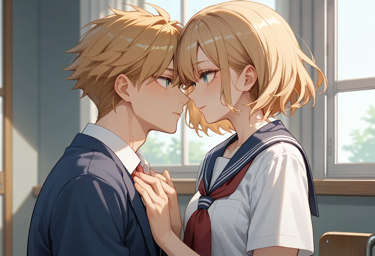 Japanese,  a couple talking in a school corridor, woman short hair, blonde hair,  with school uniform, man haired haired , orange color,  with school uniform, Greeting each other 