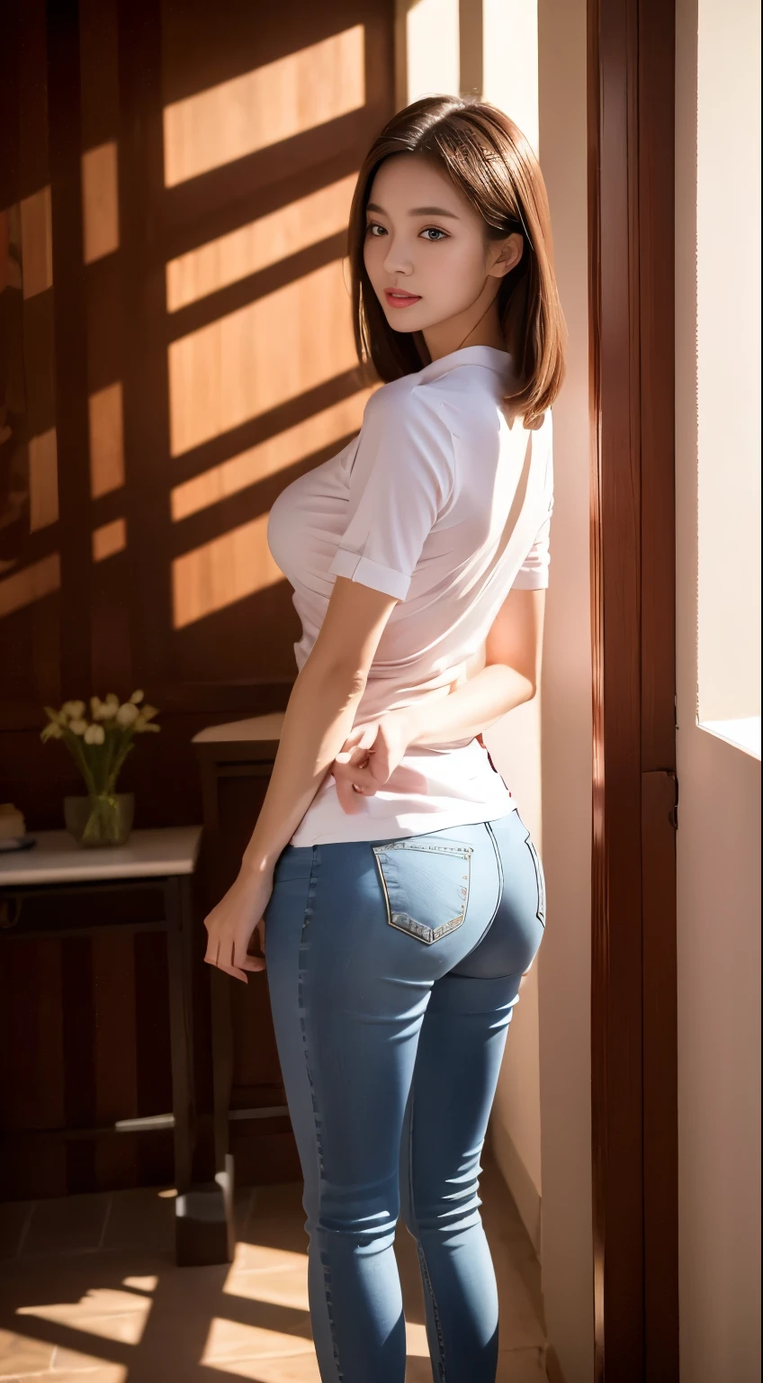  1 beautiful lady taking a photo on the lawn of the villa， original photo，masterpiece，（highdetailskin：1.2）， 8K Ultra HD ， Digital Single Eye Camera ，soft light， High Quality ， film particles ，Fuji XT3，20 year old asian woman，wear simple clothes，（White long nurse uniform:1.2.long skinny jeans:0.7， Detailed outfit details :1.3）， Perfect Body ， Perfect breasts and nipples raised ，The legs are straight and thin，Branded fashion shoes:0.6， Super detailed facial details and skin ， White pink face and skin ，skin is pink，Shine with light ，double eyelid，Super detailed eyes，(Lip Gloss, Eyelashes,  Smooth Faces ,  Best Quality,  Ultra High Resolution, Warm colors，wide lighting, natural shadow),Shoot from behind，  Show off your beautiful physique , full body shot: 1.8