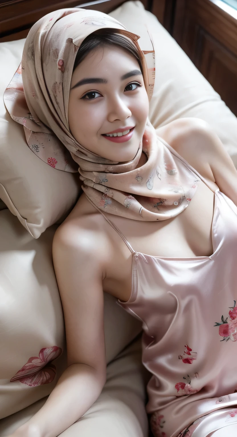 (8K, Raw photography, top-quality, masterpiece:1.2), ultra-details art, a high resolution, (Photorealsitic, Photorealistic photography:1.37), High Detail RAW Color Photography, professional photograpy, extremely delicate and beautiful, highly detailed, 8K Picture Wallpaper, amazing and detailed detail, huge filesize, Official art, Highly detailed CG Unity 8K wallpapers, Very detailed beautiful woman, extra detailed face, extremely detailed eyes, highly detailed eyebrow, highly detail skin, extremely detailed fingers, highly detailed nose, highly detail mouth, perfect anatomia, highly detailed background, (lighting), (huge-breasted:1.2), ((extremely detail fully-erected )), ((see through silk sleepwear:1.1;)), ((petite body)), ((photo of a women in floral hijab)), ((muslim woman in floral hijab)), ((full body shot)), huge breasts, thick eyebrows, ((looking at viewer)), ((sit down on the bed)), ((both hands at the back of the head)), ((both hands at the back)), ((no hand can cover the private part)), ((smiling face)), happy face, creative upscale