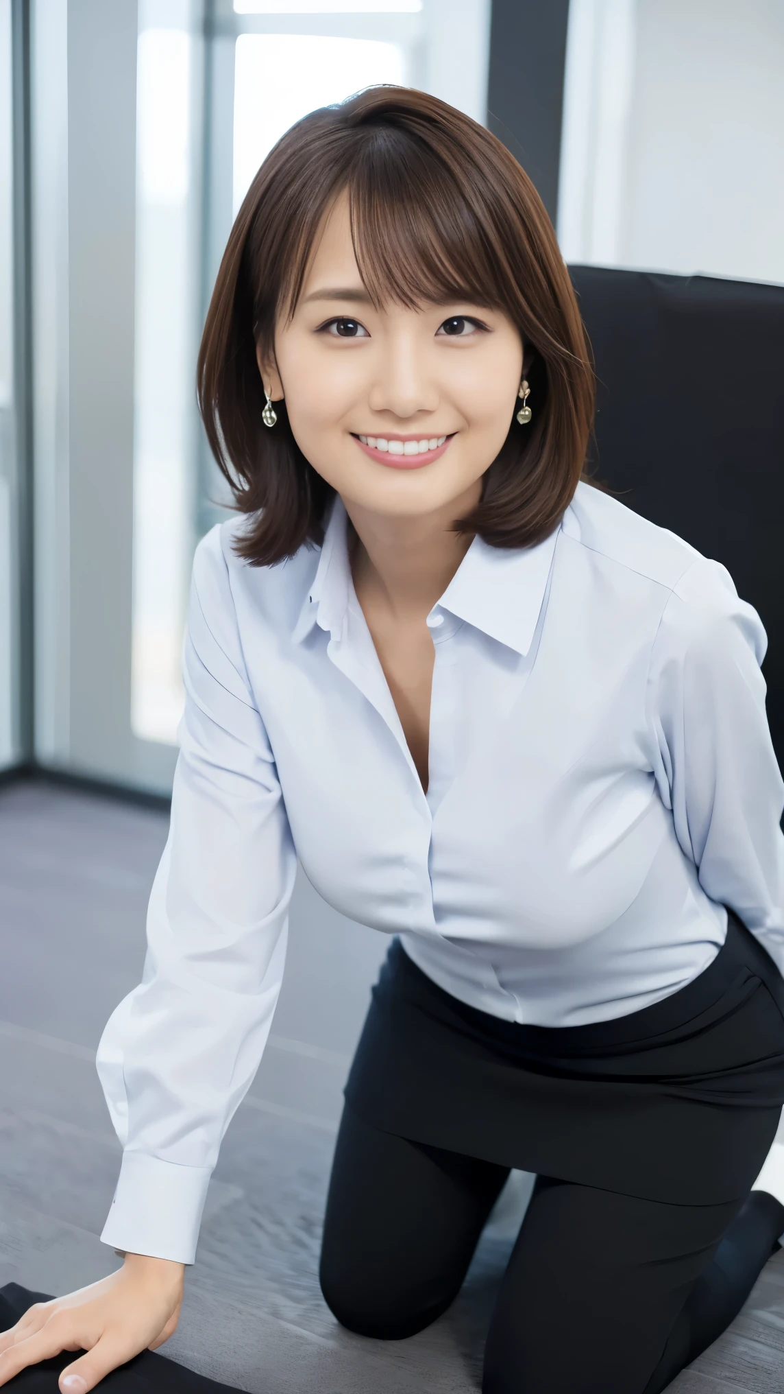 desktop,  Best Quality, Realism, Meticulous details,  High Resolution, Beautiful Japanese woman  , beautiful detailed eyes,  beautiful detailed lips,  extremely detailed face , small head, small areola,  Movie Light , Realistic photos, 【8k,  High Quality ,  extremely detailed , look at me,Smile,(formal shirt),(pencil skirt),(short hair:1.2),(random location),(Medium breasts:1.2),(Inami artwork ),slender,beautiful legs,(Cutting:1.3),( sexy posing ),mini skirt, ( Bokeh :1.3) ( Black Pants Socks :1.2),( office lady :1.4),(on all fours:1.3)