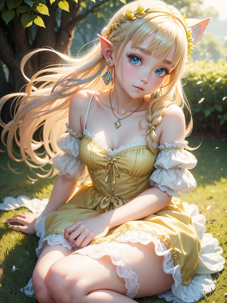 blond woman with sunflowers in her hair and a green dress, extremely detailed artgerm, fantasy art style, elf girl, ig model | artgerm, artgerm on artstation pixiv, detailed fantasy art, beautiful fantasy maiden, elf girl wearing an flower suit, blonde goddess, elf princess, beautiful and elegant elf queen, artgerm. anime illustration