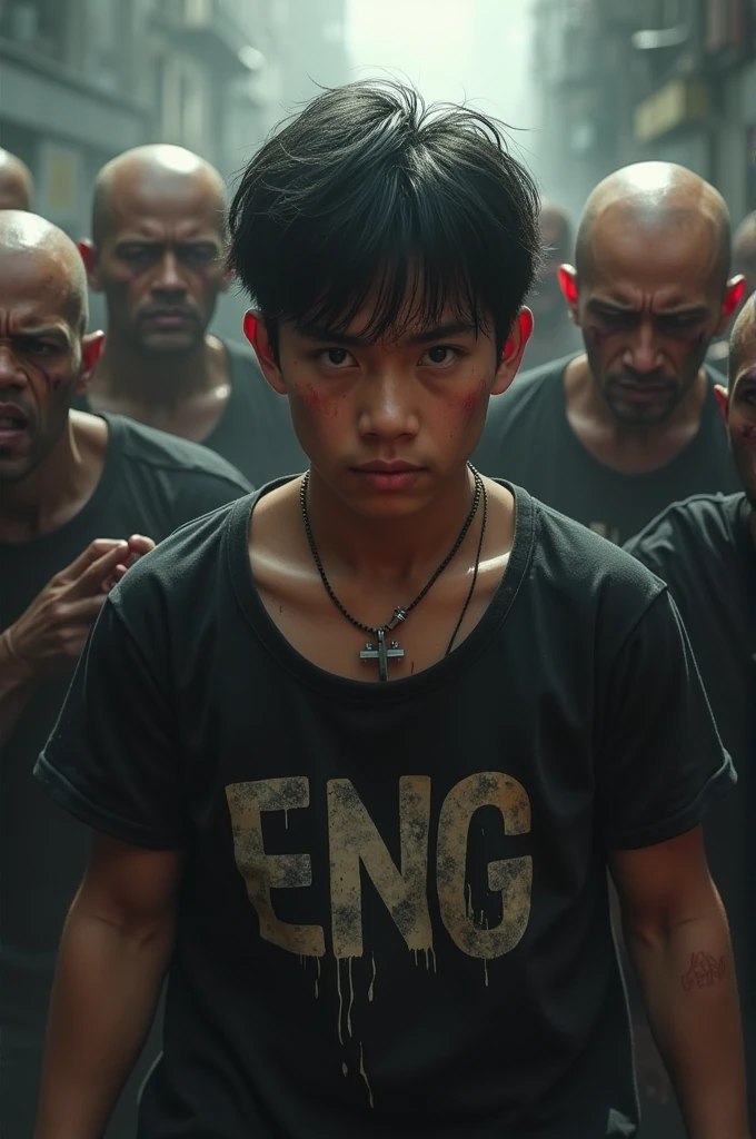 create high quality realistic images, a 20 year old boy wearing a black t-shirt with his name “MINGKAK” written boldly with a neon effect, the boy holds a samurai in his hand, the background is very dark, where the aggressive images of dragons and lions, the environment is pale.