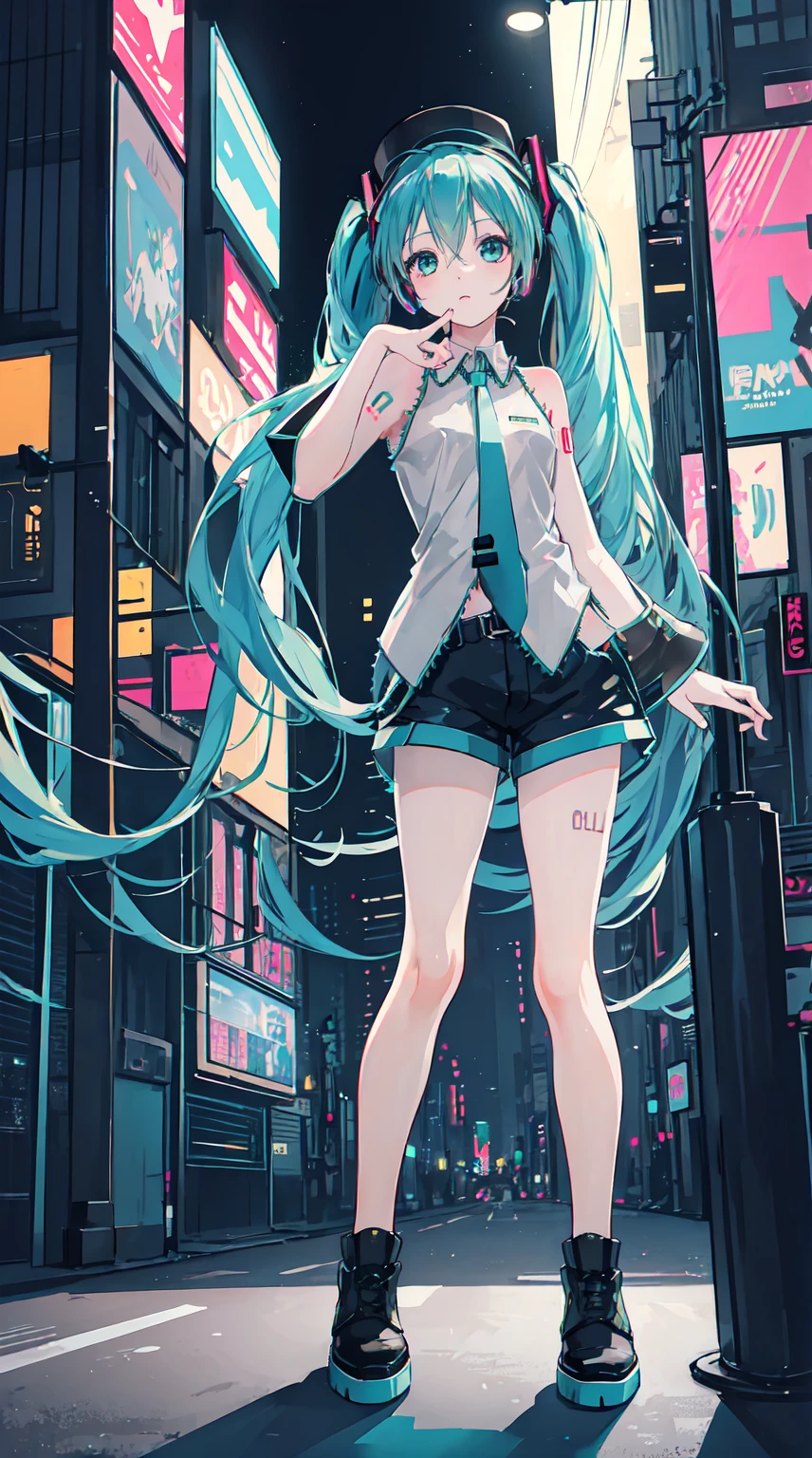 score_9, score_8_up, (masterpiece:1.2), (best quality:1.2), (digital illustration:1.2), intricate details, (1girl:1.3), (Hatsune Miku:1.4), (full-body shot, one hand on chin pose:1.2), (curious expression, intrigued gaze:1.2), (casual outfit:1.1), (light gray top:1.1), (denim shorts:1.1), (urban night city background:1.2), (neon lights in background:1.2), (dramatic lighting with subtle shadows:1.1), (focused lighting on face and eyes:1.1), anime style, clean line art, vibrant colors, sharp detail, depth of field, solo focus