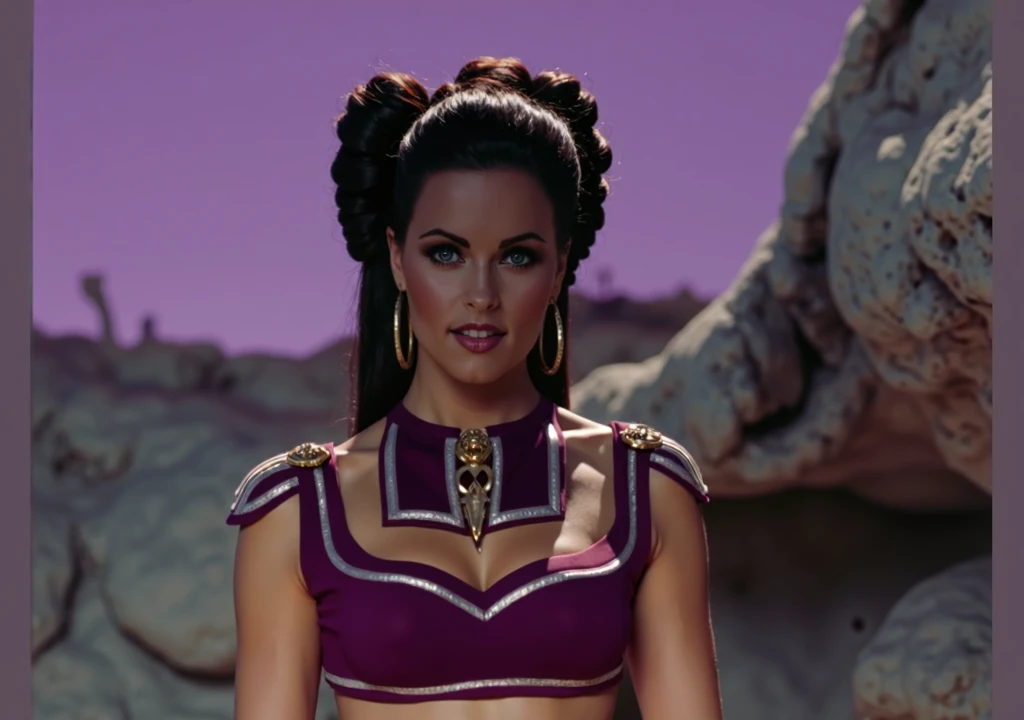 A beautiful woman Adriana Lima under the mantle of the Eutopia warrior Zarda Shelton aka power Princes is a tall Caucasian woman who has a muscular body, Straight, brown hair to the lower back that's kept in a braid, Wide and ripped shoulders, Toned stomach and long, muscular legs, she wears a purple leather jumpsuit that is very tight to her body and highlights her curves through her superheroine costume.. She also wears a gladiator-style helmet that covers her face, excluding her eyes and mouth with a curved leaf on top silver choker on her neck suit in the style of Wonder Woman 84 Movie