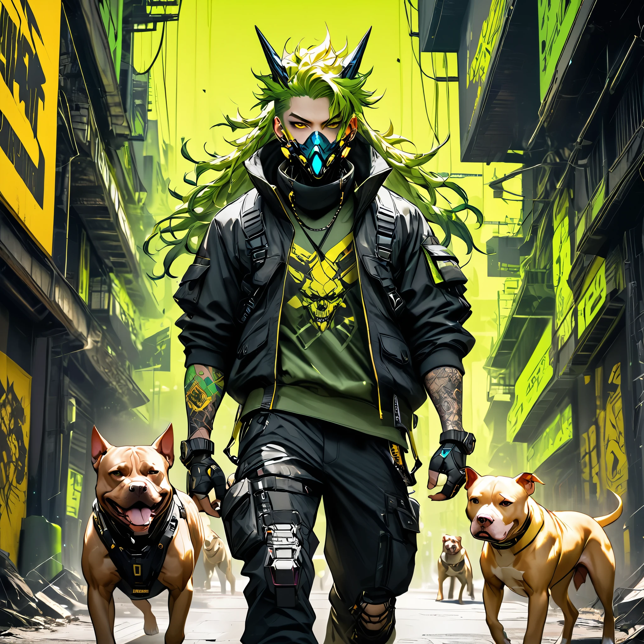 cyborg, 1_man_cyberpunk_2077, barghest, neon yellow and black techwear, cyberpunk backdrop, neongreen dreadlocks, golden skullmask over his mouth, neongreen eyes, tattoos on lower arms, walking pitbulls
